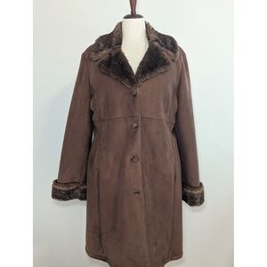 Penny Lane Jones New York Faux Suede Fur Trim Coat Brown Womens Large